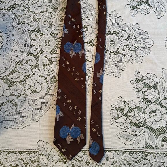 Vintage Gentry Beau Brummell Men's Repp Necktie Brown & Blue Floral Polyester - Picture 4 of 9
